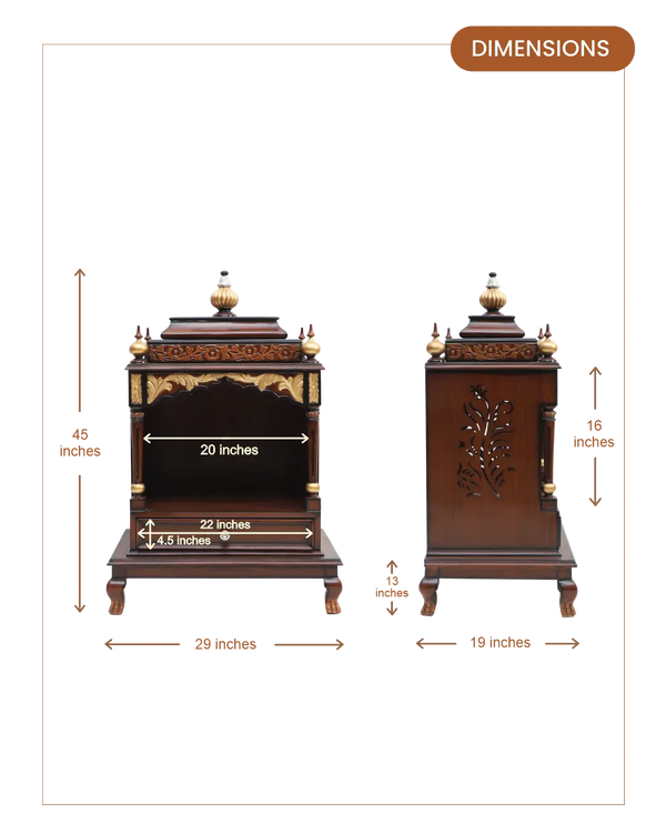 Aaradhana Medium Floor Rested Pooja Mandir (Brown Gold) lifestyle view dimensions