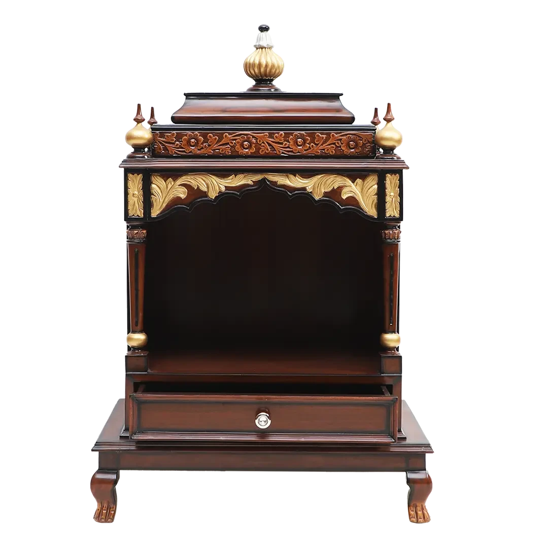 Aaradhana Medium Floor Rested Pooja Mandir/Wooden temple for home in Brown Gold color front view