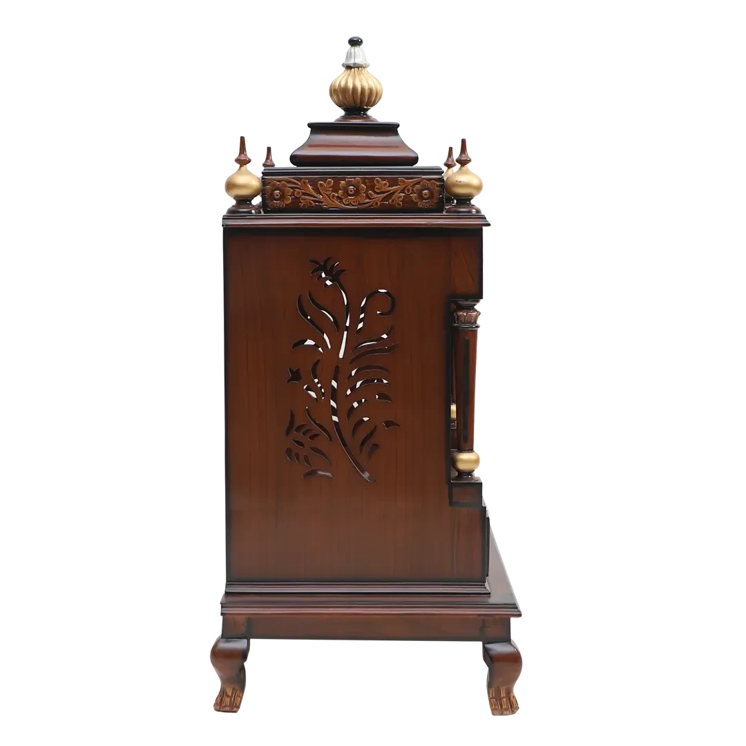 Aaradhana Medium Floor Rested Pooja Mandir/Wooden temple for home in Brown Gold color side view featuring jali design