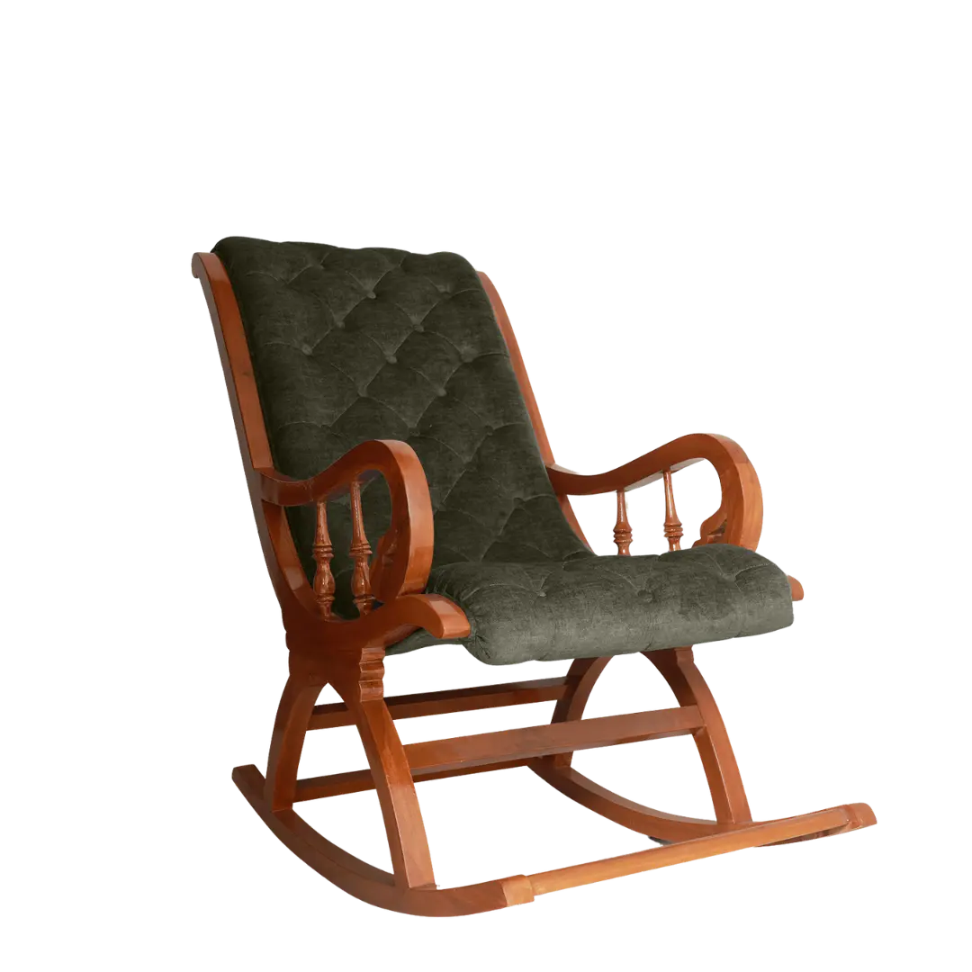 Aarava Fabric Upholstered Teak Wood Rocking Chair Side Angle(Teak Forest)