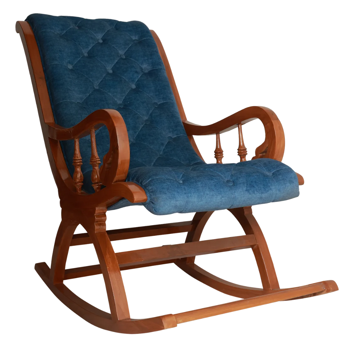 Aarava Fabric Upholstered Teak Wood Rocking Chair Side Angle(Teak Indigo)