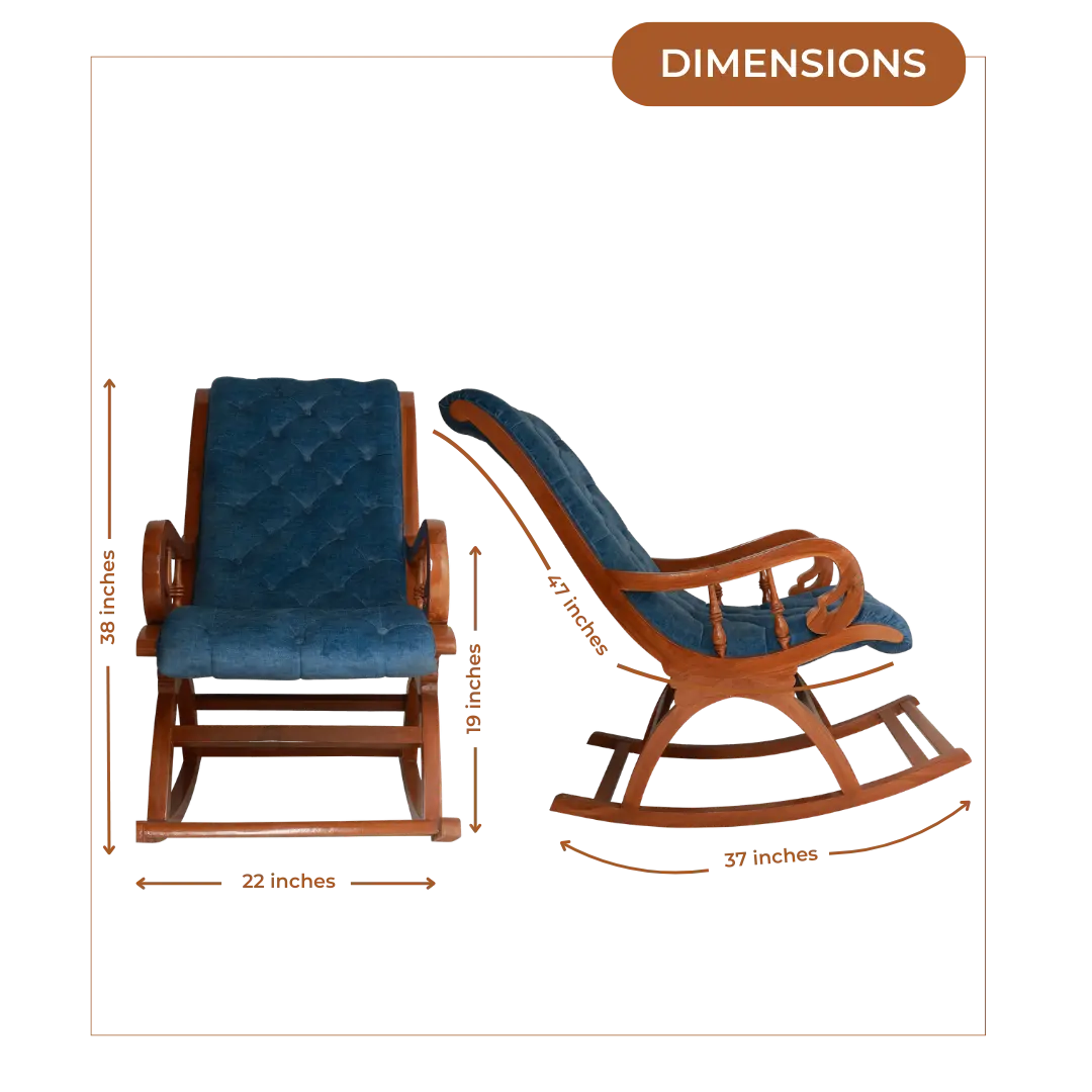 Aarava Fabric Upholstered Teak Wood Rocking Chair (Teak Indigo) Dimensions Image