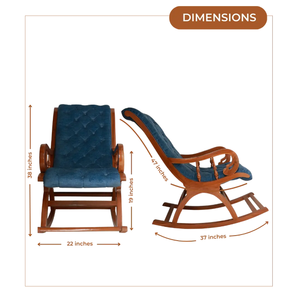 Aarava Fabric Upholstered Teak Wood Rocking Chair (Teak Indigo) Dimensions Image