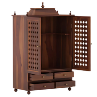 Aarvith Teak Wood Pooja Mandap With Door Teak SIde View Open Doors and Drawers