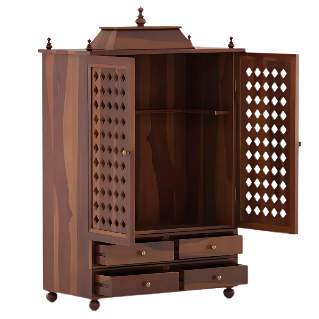 Aarvith Teak Wood Pooja Mandap With Door Teak SIde View Open Doors and Drawers