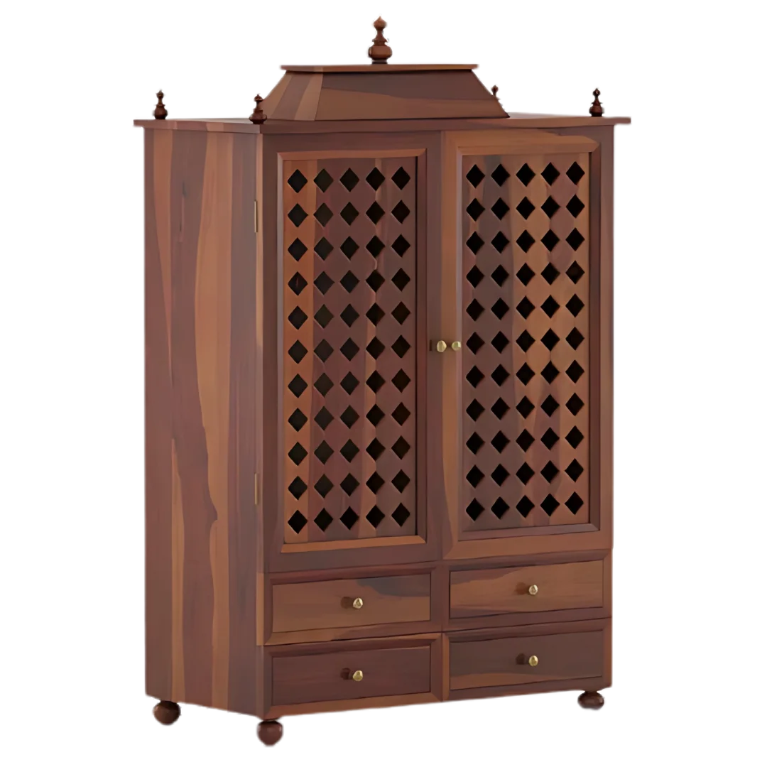 Aarvith Teak Wood Pooja Mandap With Door Teak Side Angle
