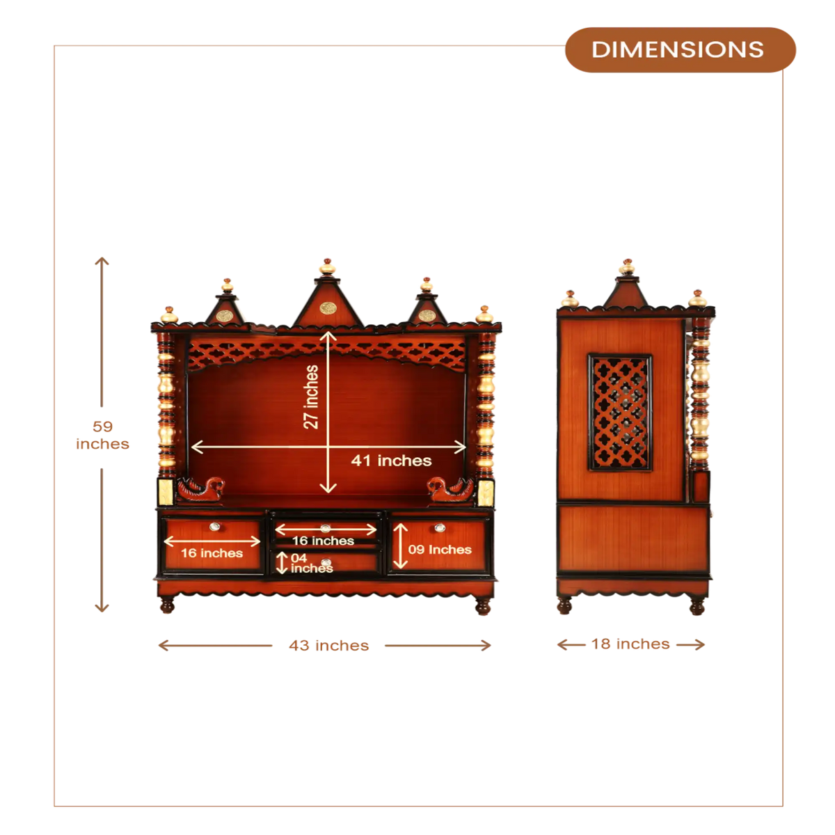 Abhikya Kostha Floor Rested Pooja Mandir without Door (Brown Gold) dimensions