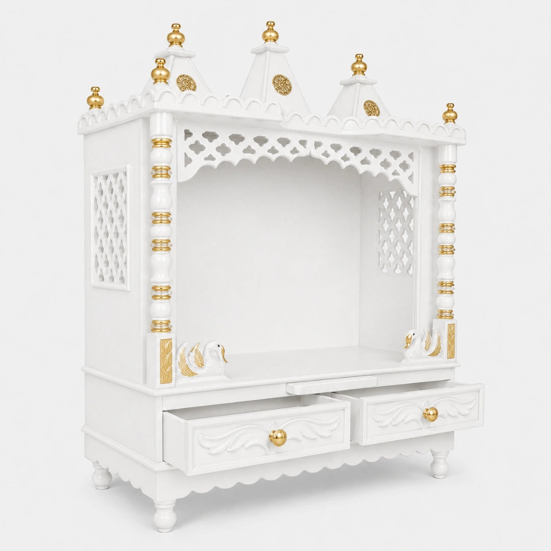 Abhikya Sadana Floor Rested Pooja Mandir without Door (White Gold) Side angle with open drawers