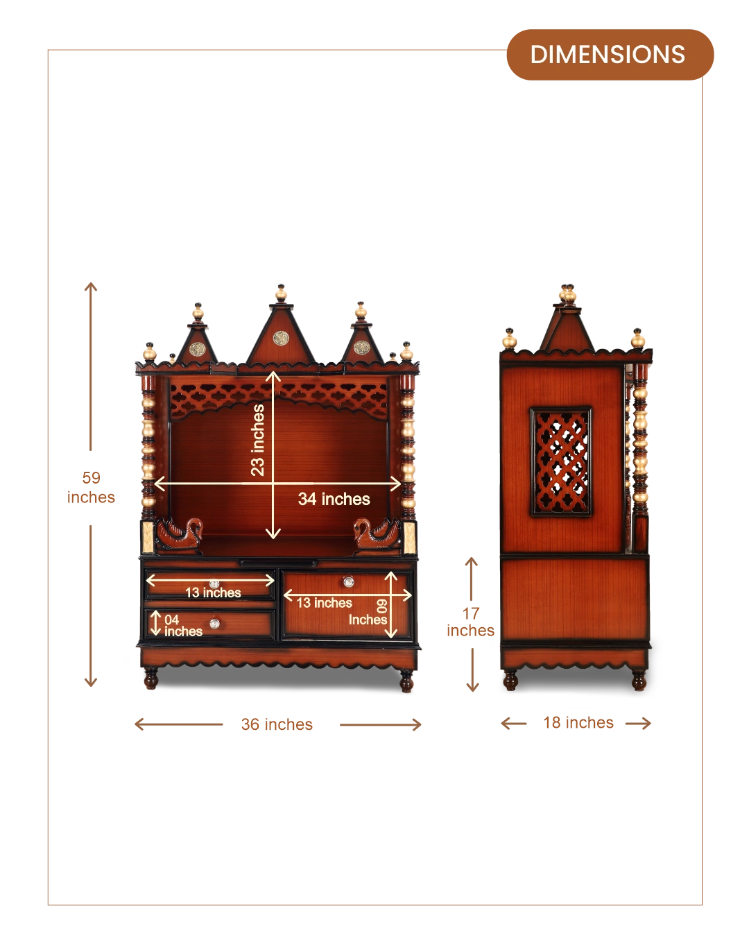 Abhikya Sthana Floor Rested Pooja Mandir without Door (Brown Gold) dimensions
