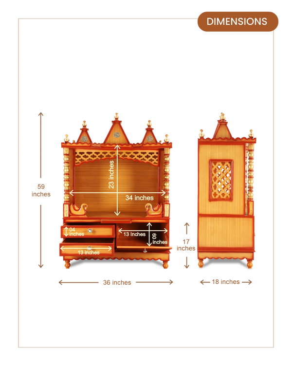 Abhikya Sthana Floor Rested Pooja Mandir without Door (Teak Gold) dimensions