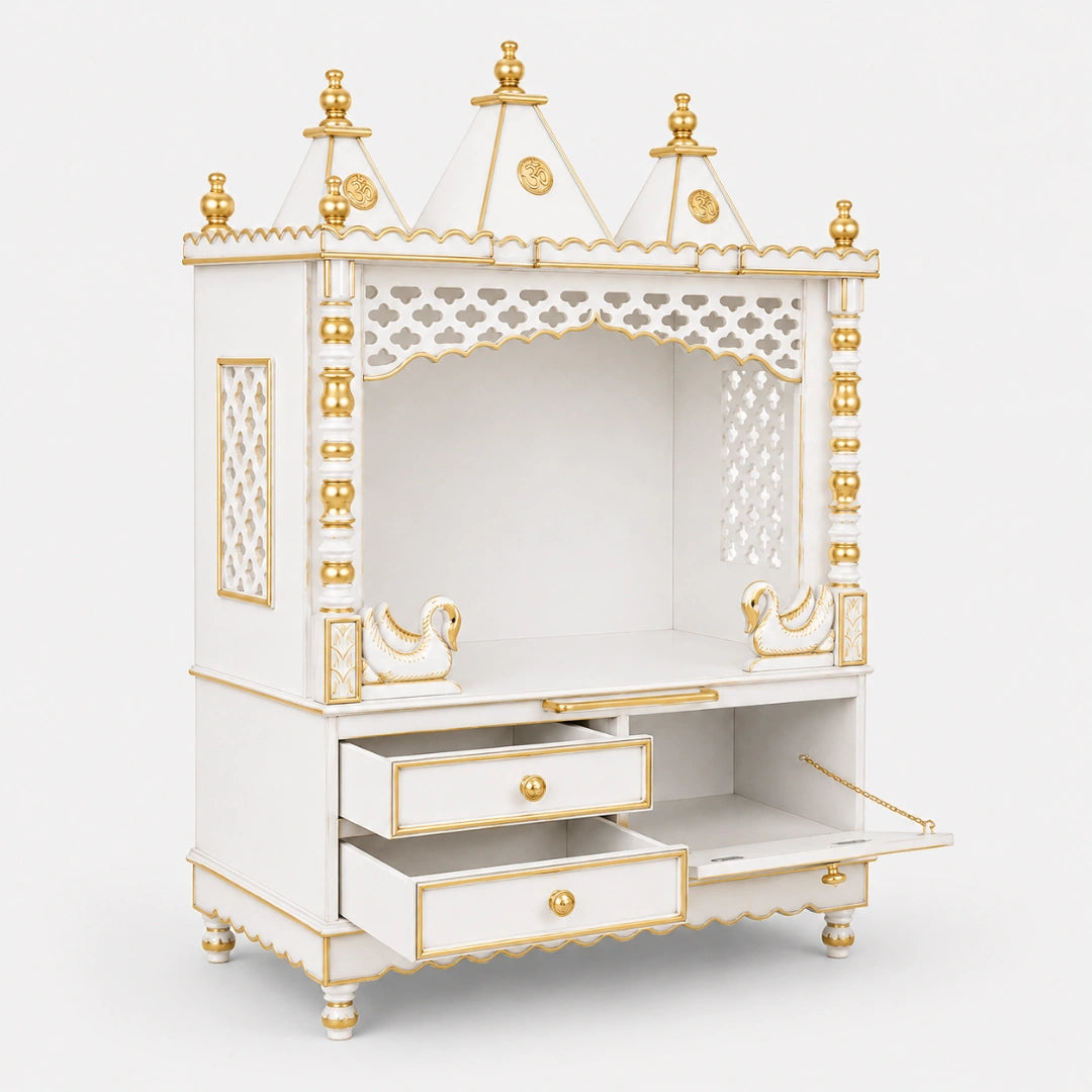 Abhikya Sthana Floor Rested Pooja Mandir without Door (White Gold) SIde View Open Drawers