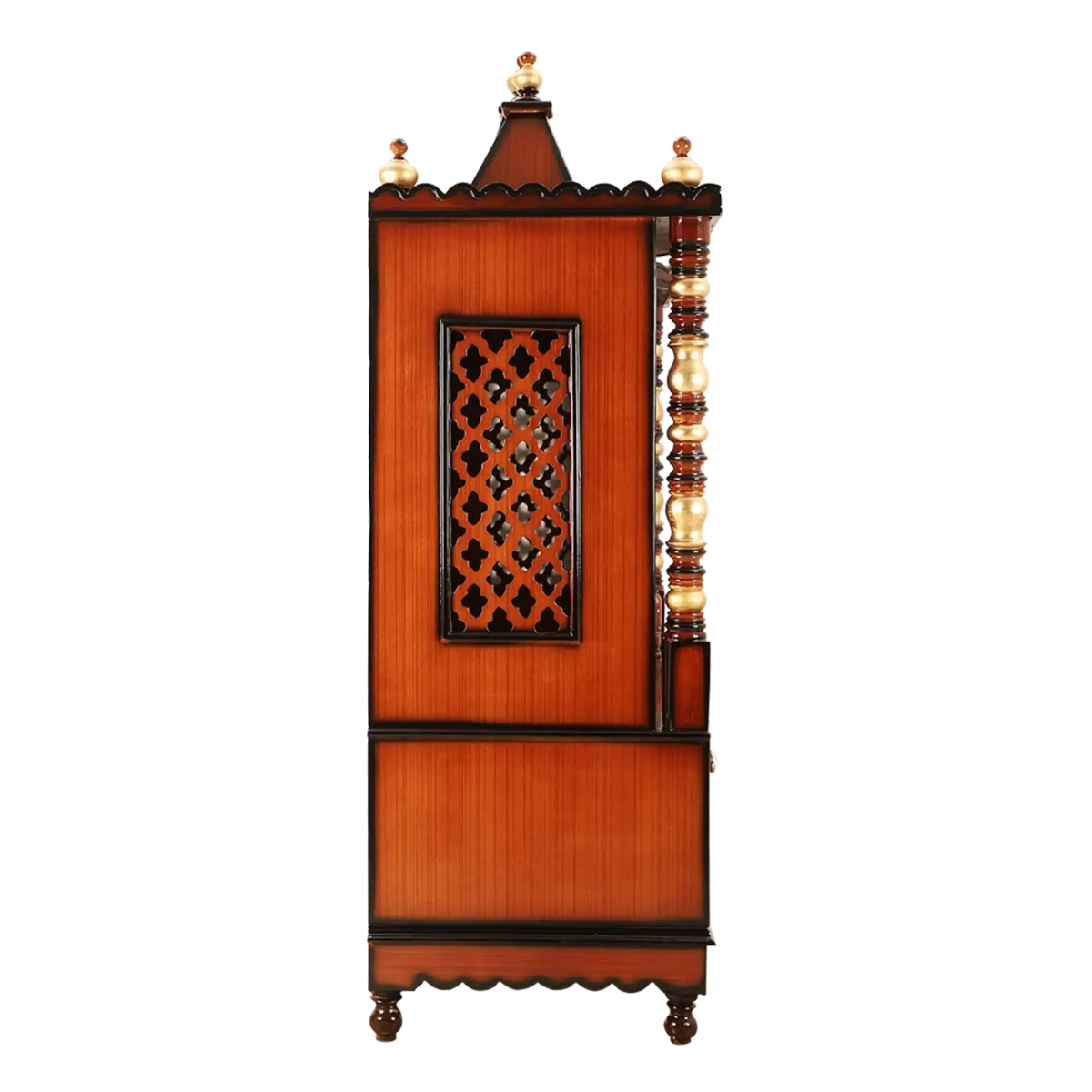 Abhikya Kostha Floor Rested Pooja Mandir/Wooden temple for home in Brown Gold color side view featuring jali design and Pillars