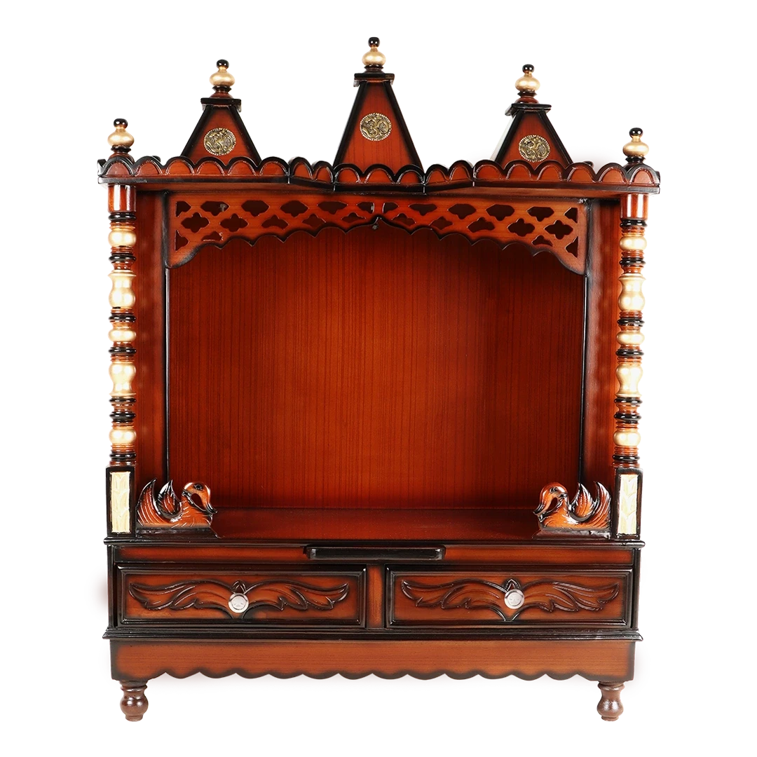 Abhikya Sadana Floor Rested Pooja Mandir/Wooden temple for home in Brown Gold color front view
