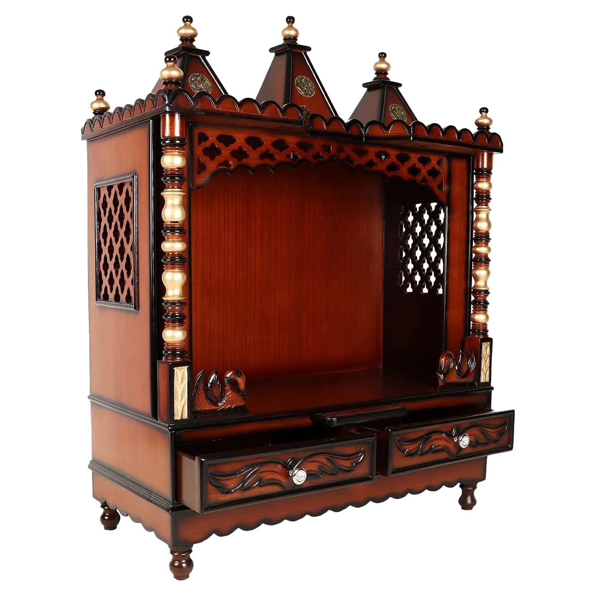 Abhikya Sadana Floor Rested Pooja Mandir/Wooden temple for home in Brown Gold color 45° side view open drawers