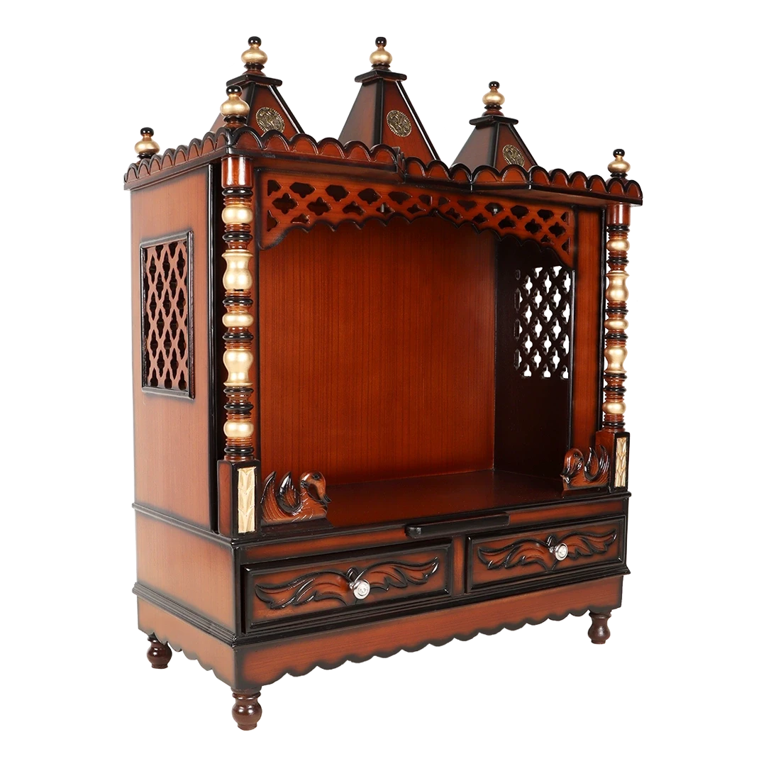 Abhikya Sadana Floor Rested Pooja Mandir/Wooden temple for home in Brown Gold color 45° side view