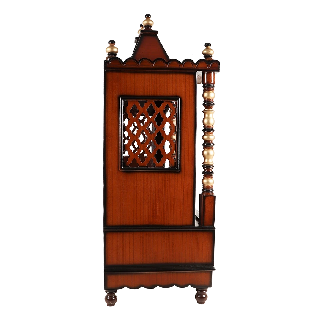 Abhikya Sadana Floor Rested Pooja Mandir/Wooden temple for home in Brown Gold color side view featuring jali design and Pillars