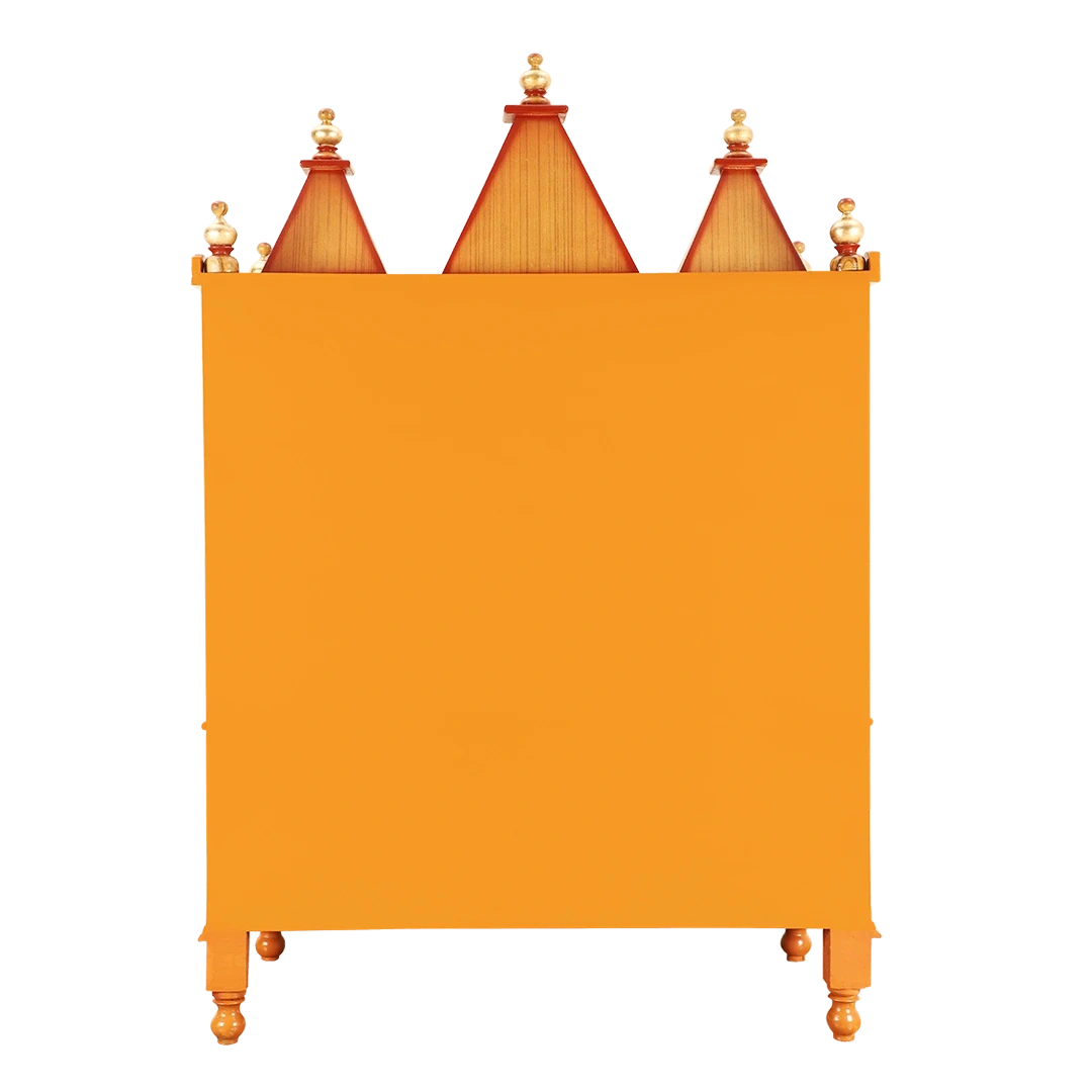 Abhikya Sthana Floor Rested Pooja Mandir/Wooden temple for home in Teak Gold color back view