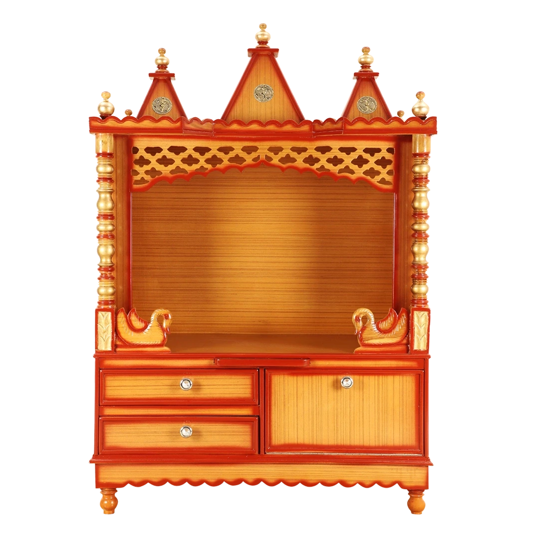 Abhikya Sthana Floor Rested Pooja Mandir/Wooden temple for home in Teak Gold color front view