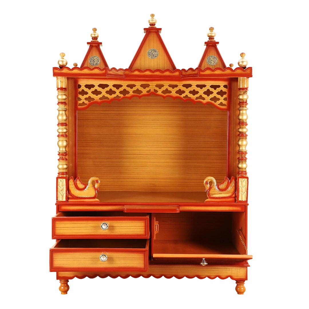 Abhikya Sthana Floor Rested Pooja Mandir/Wooden temple for home in Teak Gold color front view open drawers