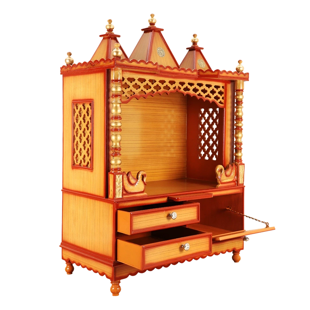 Abhikya Sthana Floor Rested Pooja Mandir/Wooden temple for home in Teak Gold color 45° side view open drawers