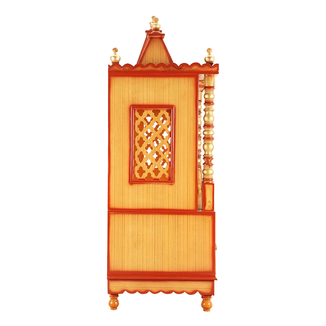 Abhikya Sthana Floor Rested Pooja Mandir/Wooden temple for home in Teak Gold color side view featuring jali design and Pillars