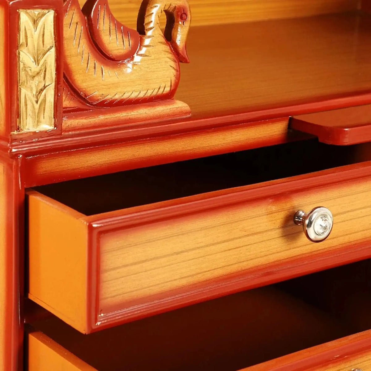 Abhikya Sthana Floor Rested Pooja Mandir/Wooden temple for home in Teak Gold color zoom view open drawers