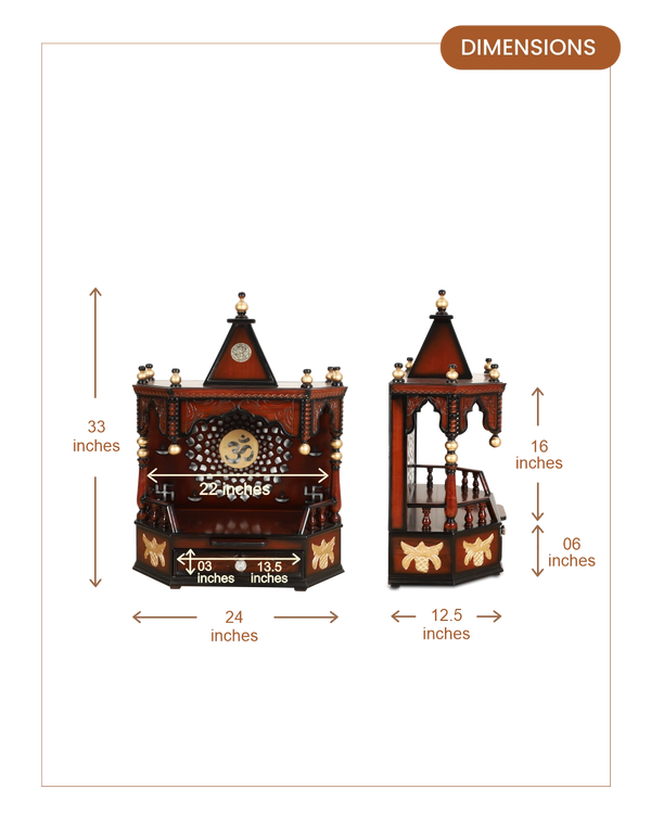 Aikyam Wall Mount Pooja Mandir without Door (Brown Gold) dimesnions