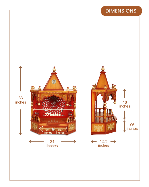 Aikyam Wall Mount Pooja Mandir without Door (Teak Gold) dimensions