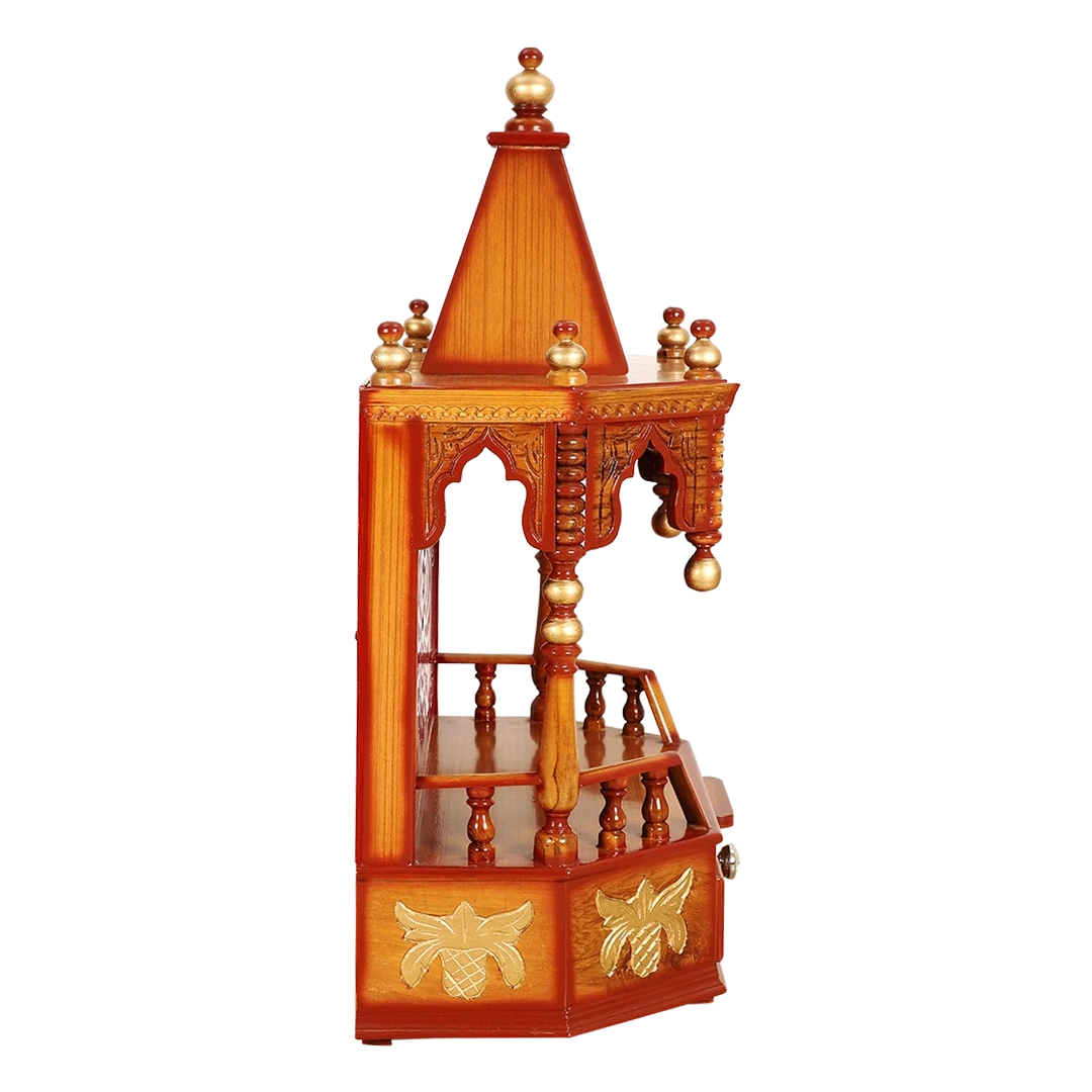 Aikyam Wall Mount Pooja Mandir/Wooden temple for home in Teak Gold color side view featuring jali design