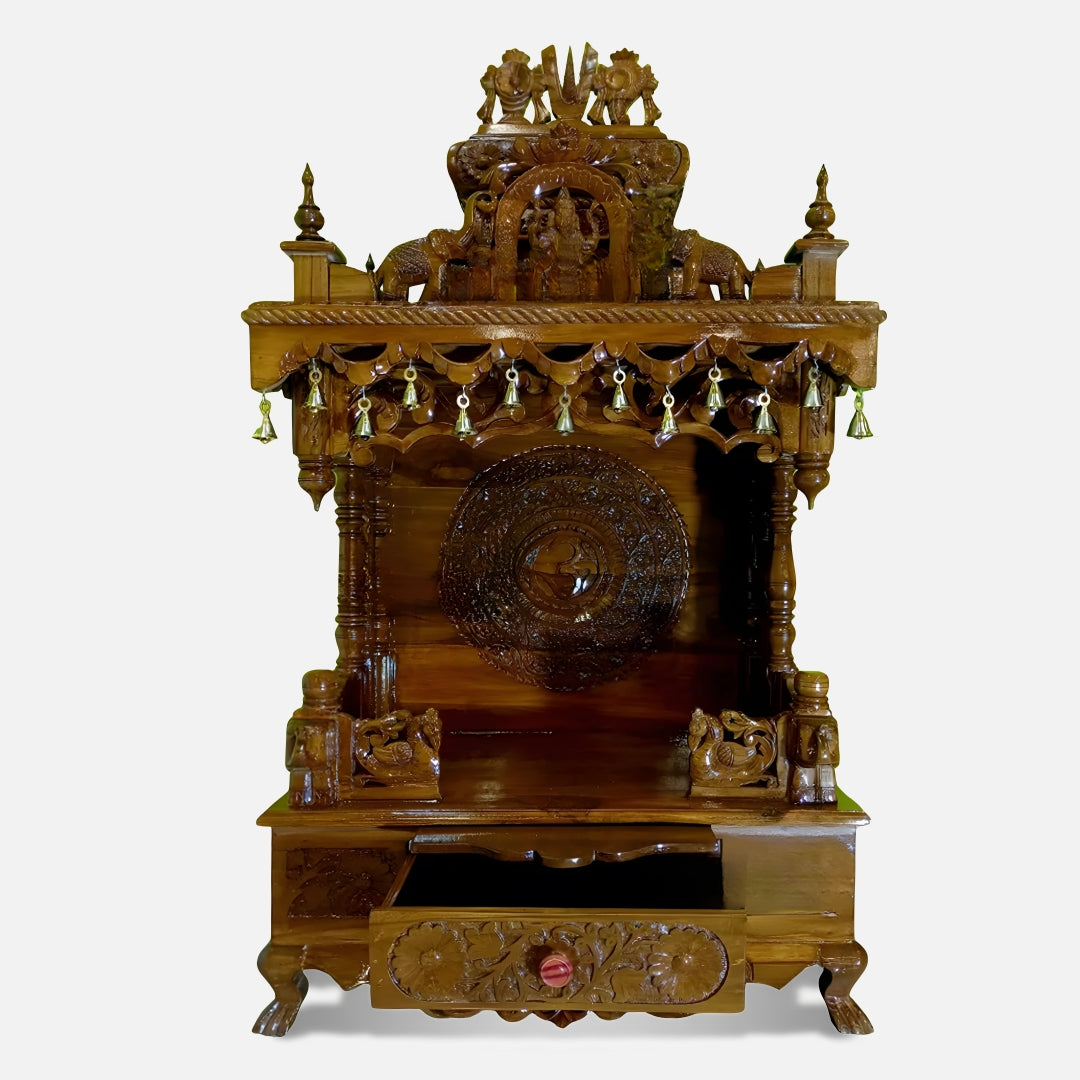 Aishani Teak Wood Mandir (Brown) front view