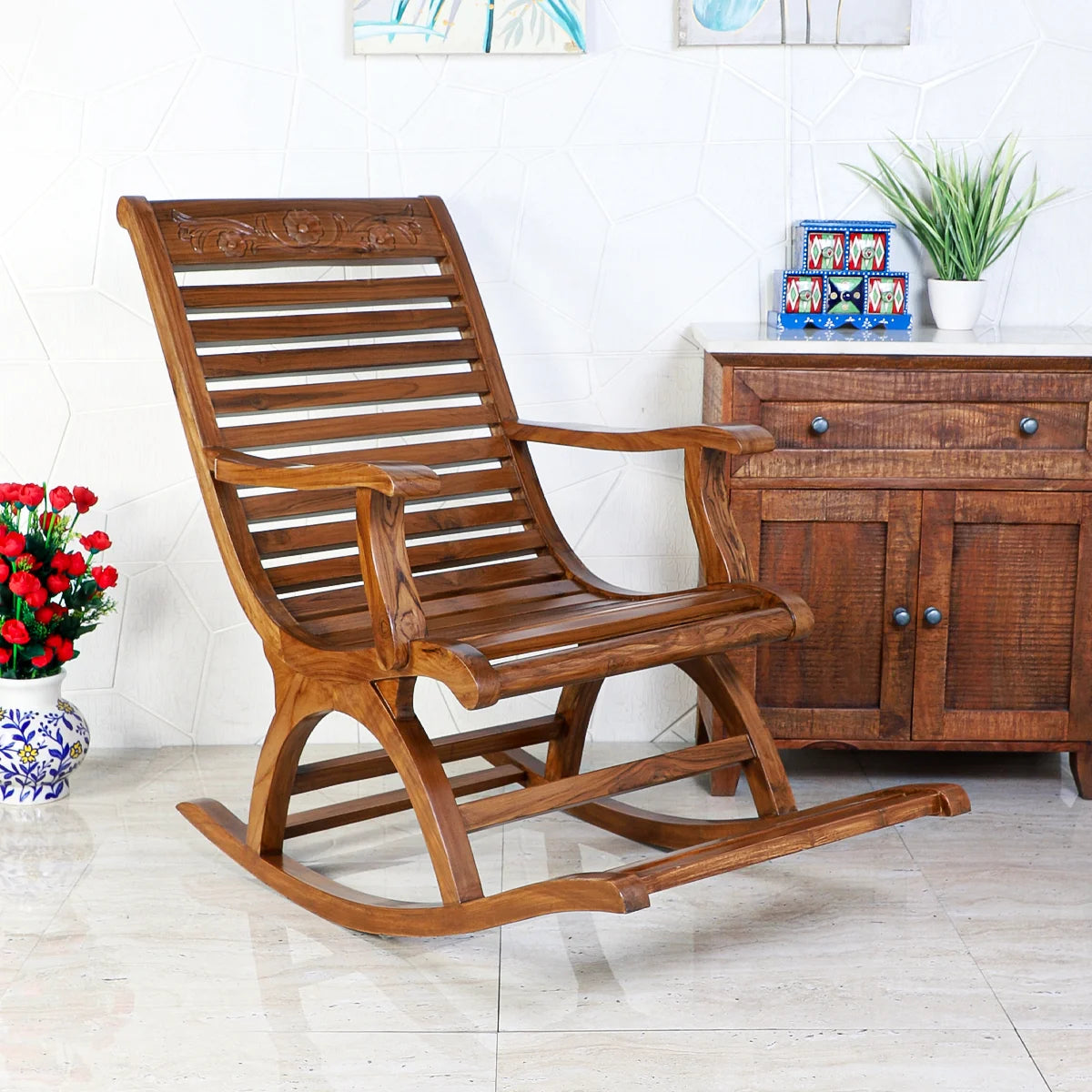 Aldin Teak Wood Rocking Chair (Natural Teak) – DZYN Furnitures