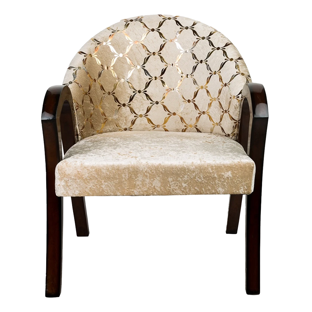 Alteza Teak Wood Fabric Upholstered Arm Chair in Brown Biege color front view
