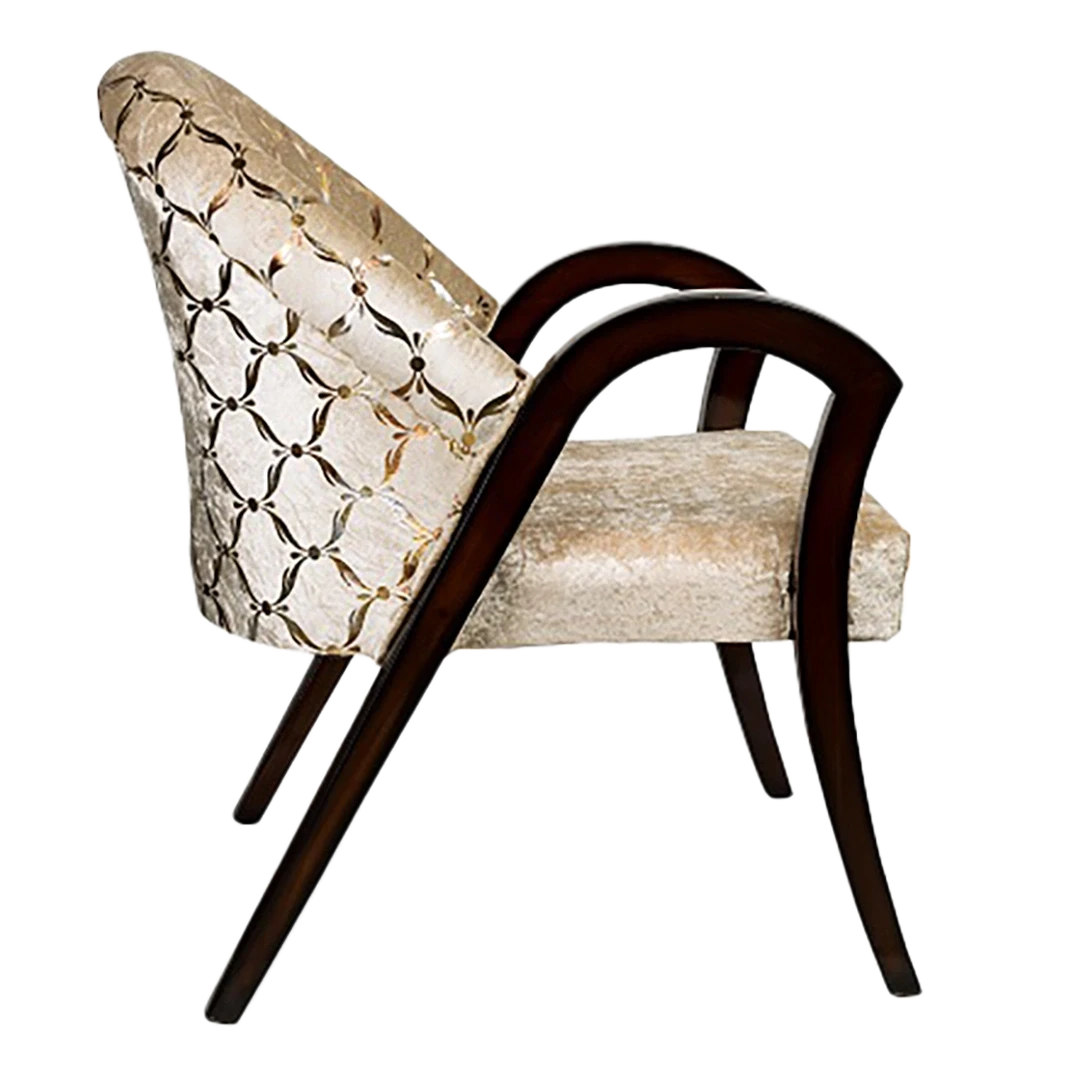 Alteza Teak Wood Fabric Upholstered Arm Chair in Brown Biege color side view