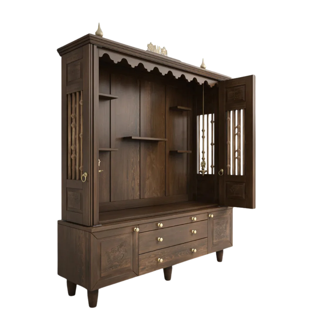 Anandam Teak Wood Pooja Mandap with Door (Brown) side view