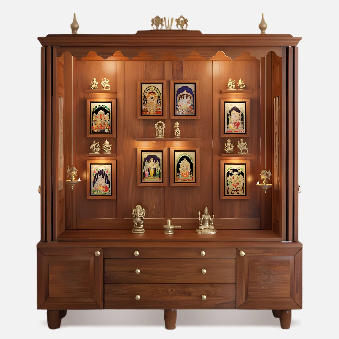 Anandam Teak Wood Pooja Mandap with Door (Teak) open door front view