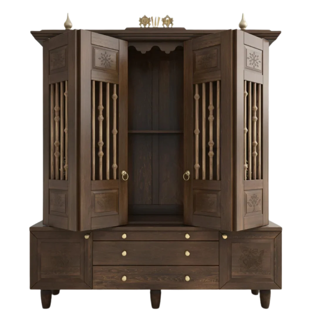 Anandam Teak Wood Pooja Mandap with Door Brown Open Door view