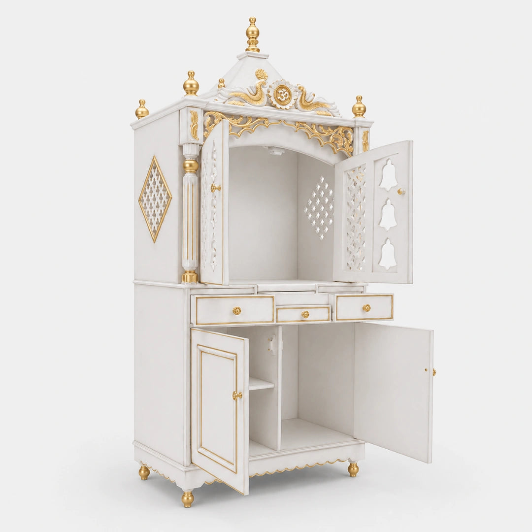 Antarusya Large Floor Rested Pooja Mandap with Door (White Gold) Side View Open Doors