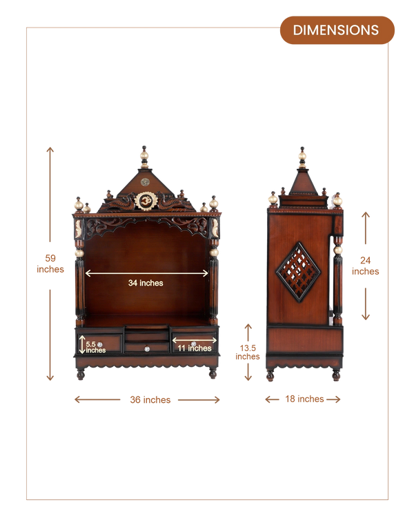 Antarusya Large Floor Rested Pooja Mandir with Door (Brown Gold) dimensions
