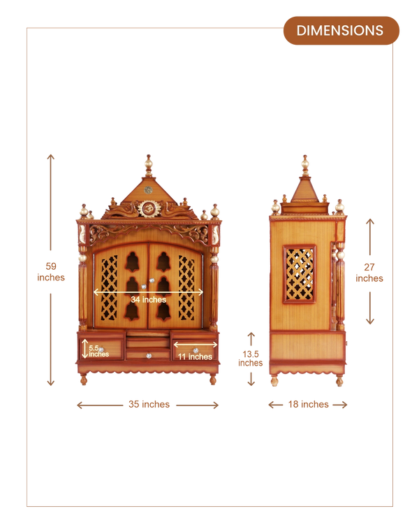 Antarusya Large Floor Rested Pooja Mandir with Door (Teak Gold) dimensions