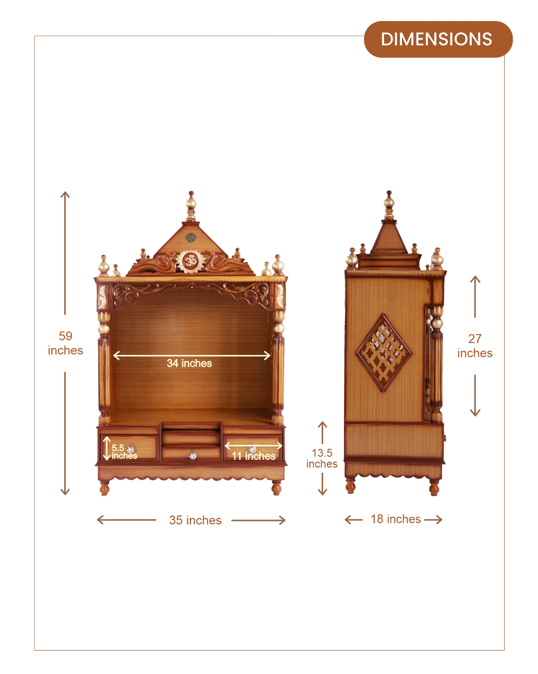 Antarusya Large Floor Rested Pooja Mandir without Door (Teak Gold) dimensions