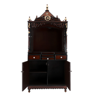 Antarusya Large Floor Rested Pooja Mandap/Wooden temple with doors for home in Brown Gold color front view open drawers