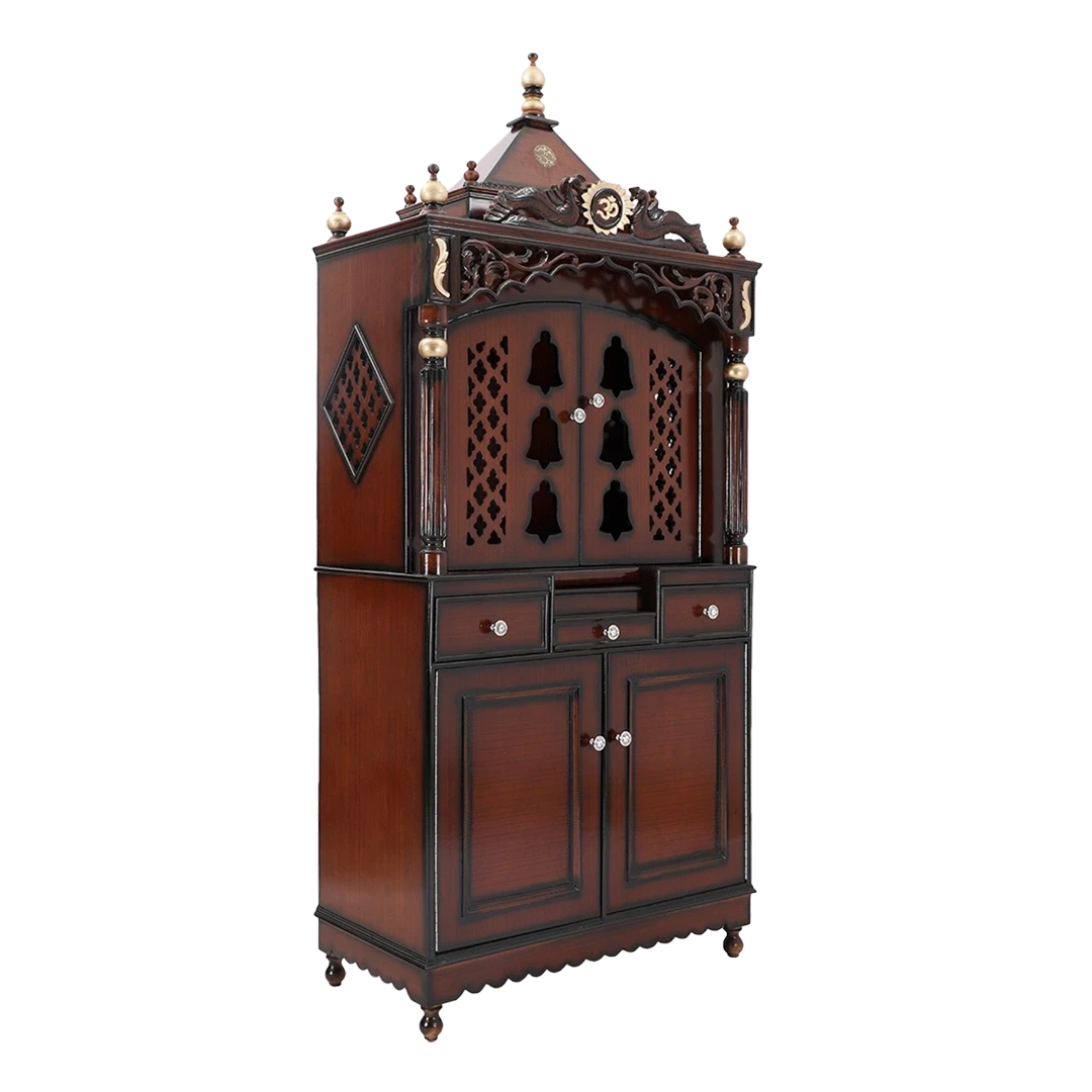 Antarusya Large Floor Rested Pooja Mandap/Wooden temple with doors for home in Brown Gold color 45° side view