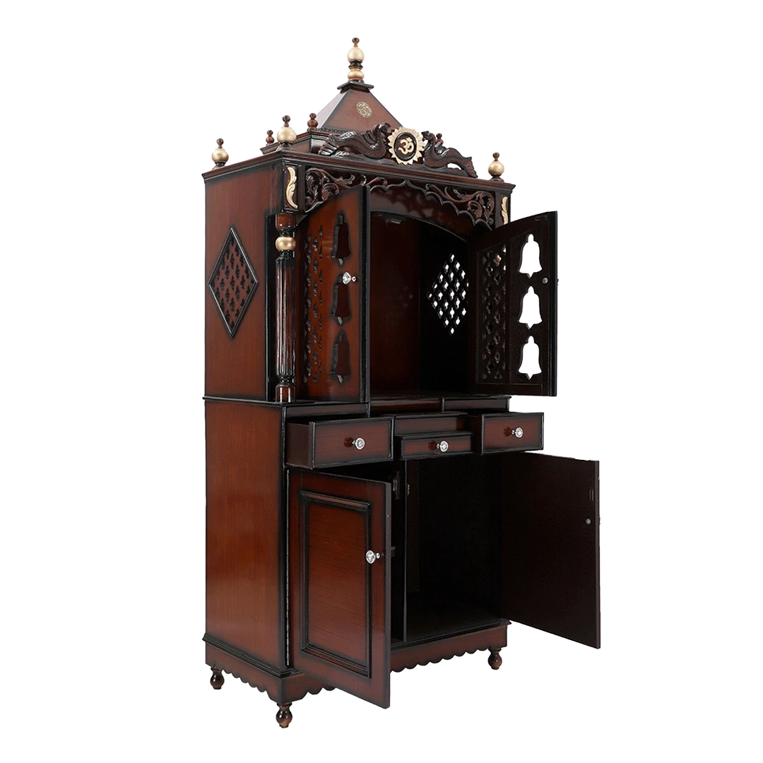 Antarusya Large Floor Rested Pooja Mandap/Wooden temple with doors for home in Brown Gold color 45° side view open drawers