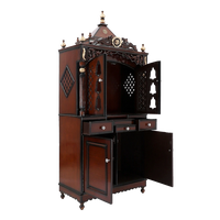 Antarusya Large Floor Rested Pooja Mandap/Wooden temple with doors for home in Brown Gold color 45° side view open drawers