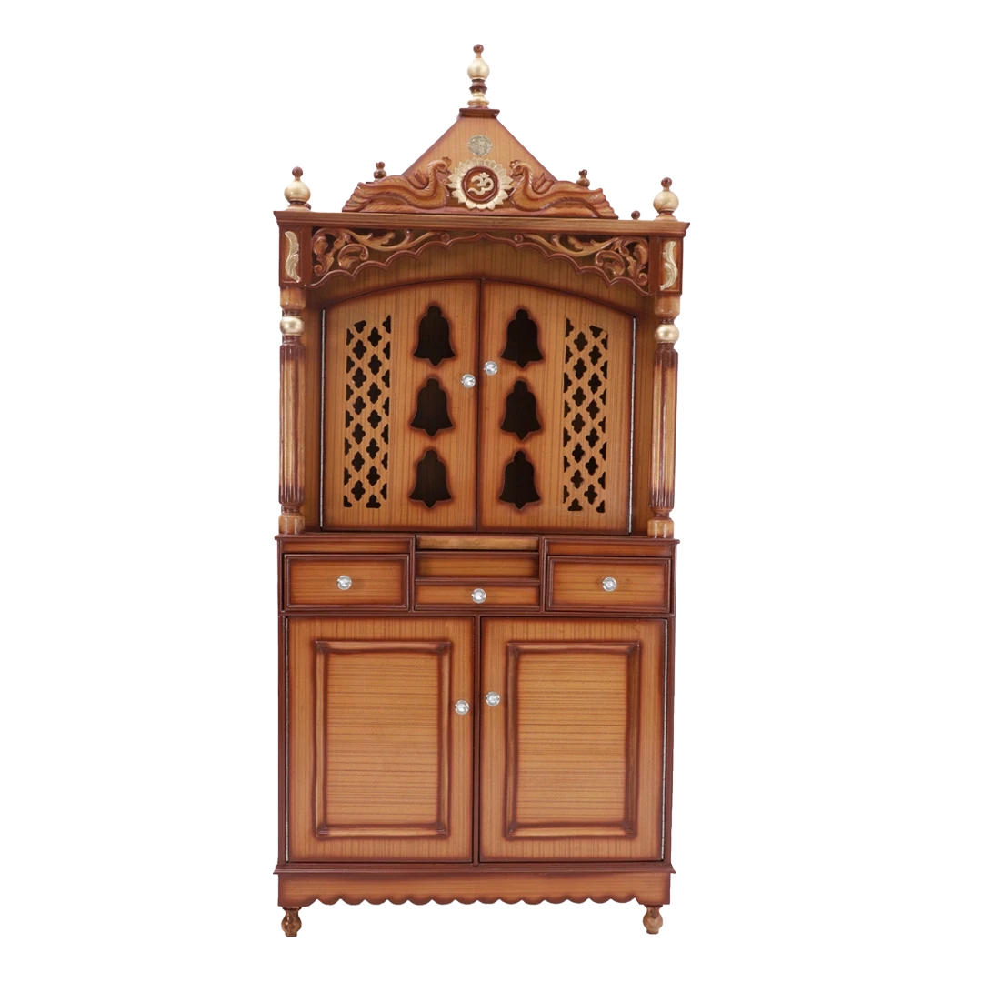 Antarusya Large Floor Rested Pooja Mandap/Wooden temple with doors for home in Teak Gold color front view