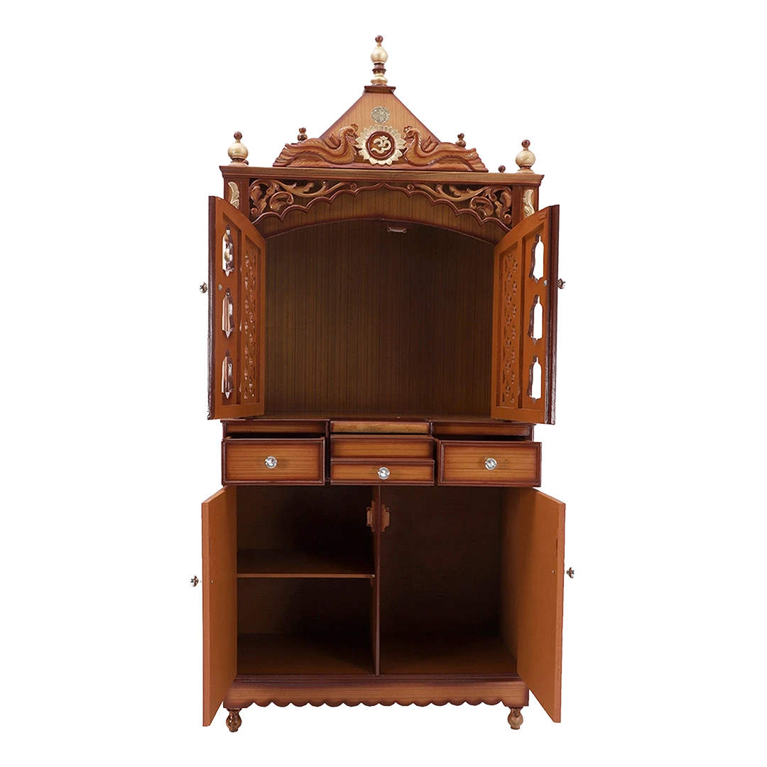 Antarusya Large Floor Rested Pooja Mandap/Wooden temple with doors for home in Teak Gold color front view open drawers