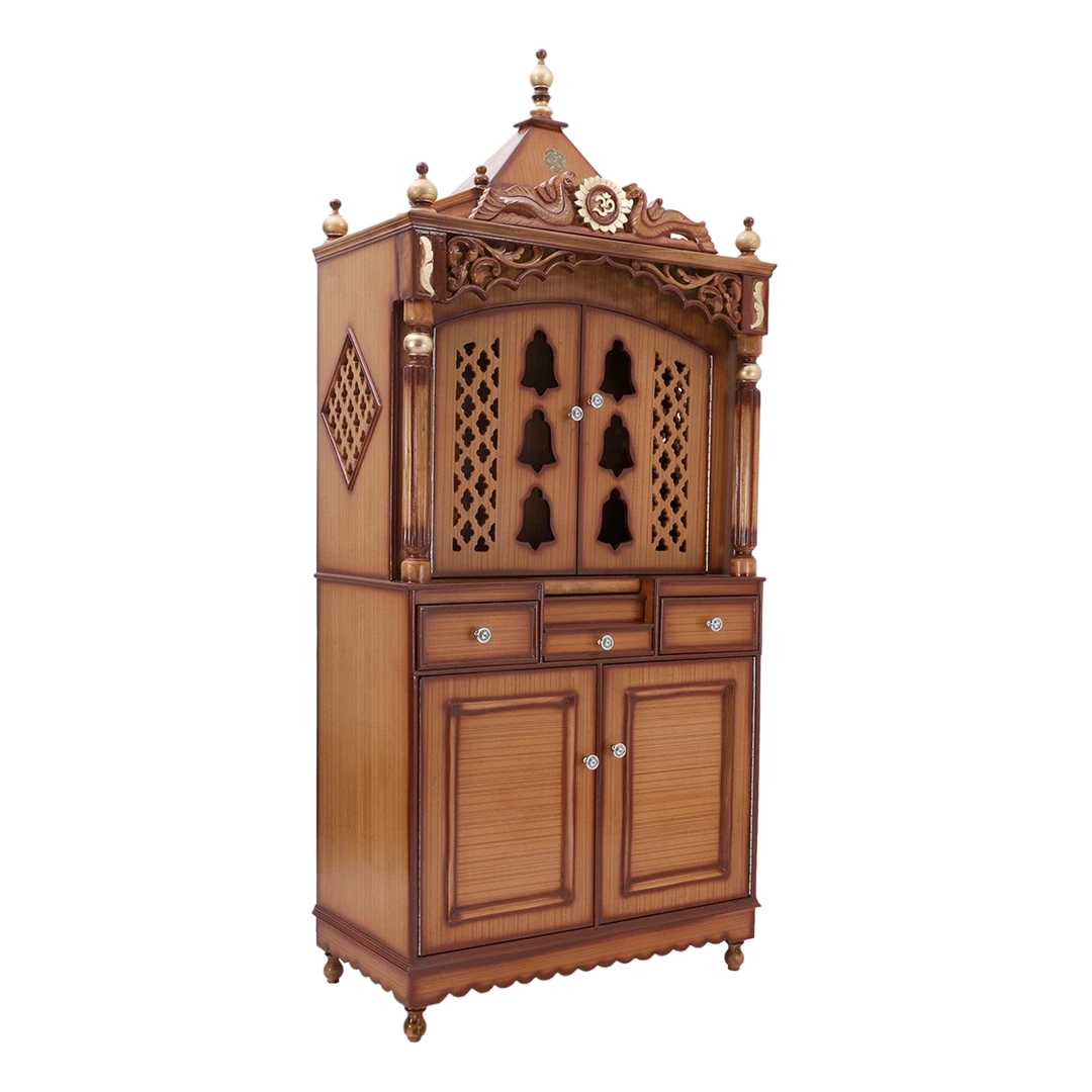 Antarusya Large Floor Rested Pooja Mandap/Wooden temple with doors for home in Teak Gold color 45° side view