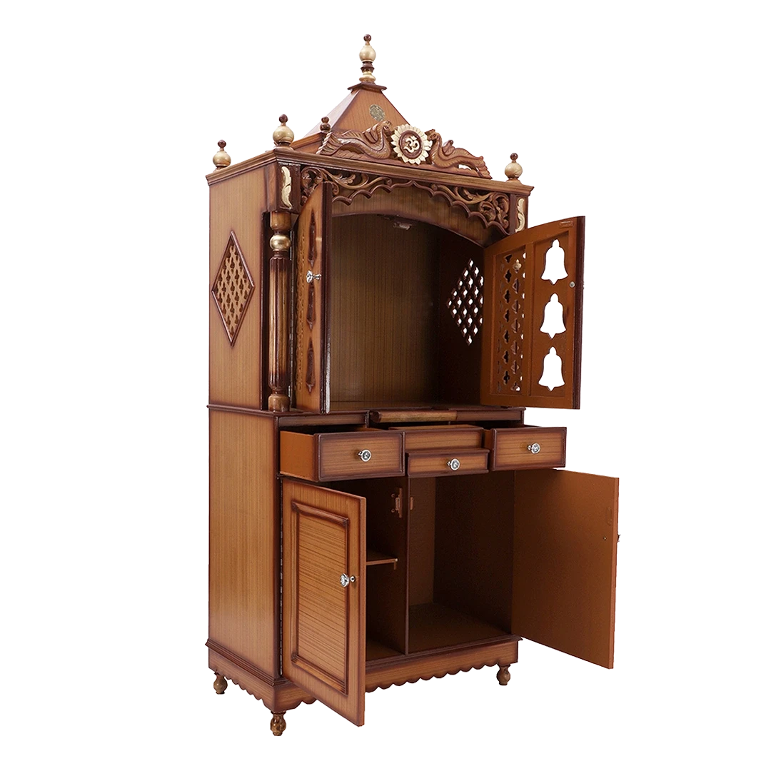 Antarusya Large Floor Rested Pooja Mandap/Wooden temple with doors for home in Teak Gold color 45° side view open drawers