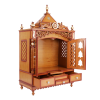 Antarusya Large Floor Rested Pooja Mandir/Wooden temple for home in Teak Gold color 45° side view open drawers