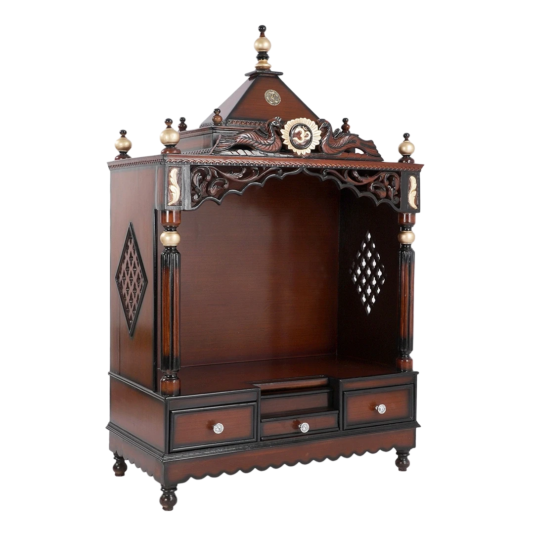 Antarusya Large Floor Rested Pooja Mandir/Wooden temple for home in Brown Gold color 45° side view